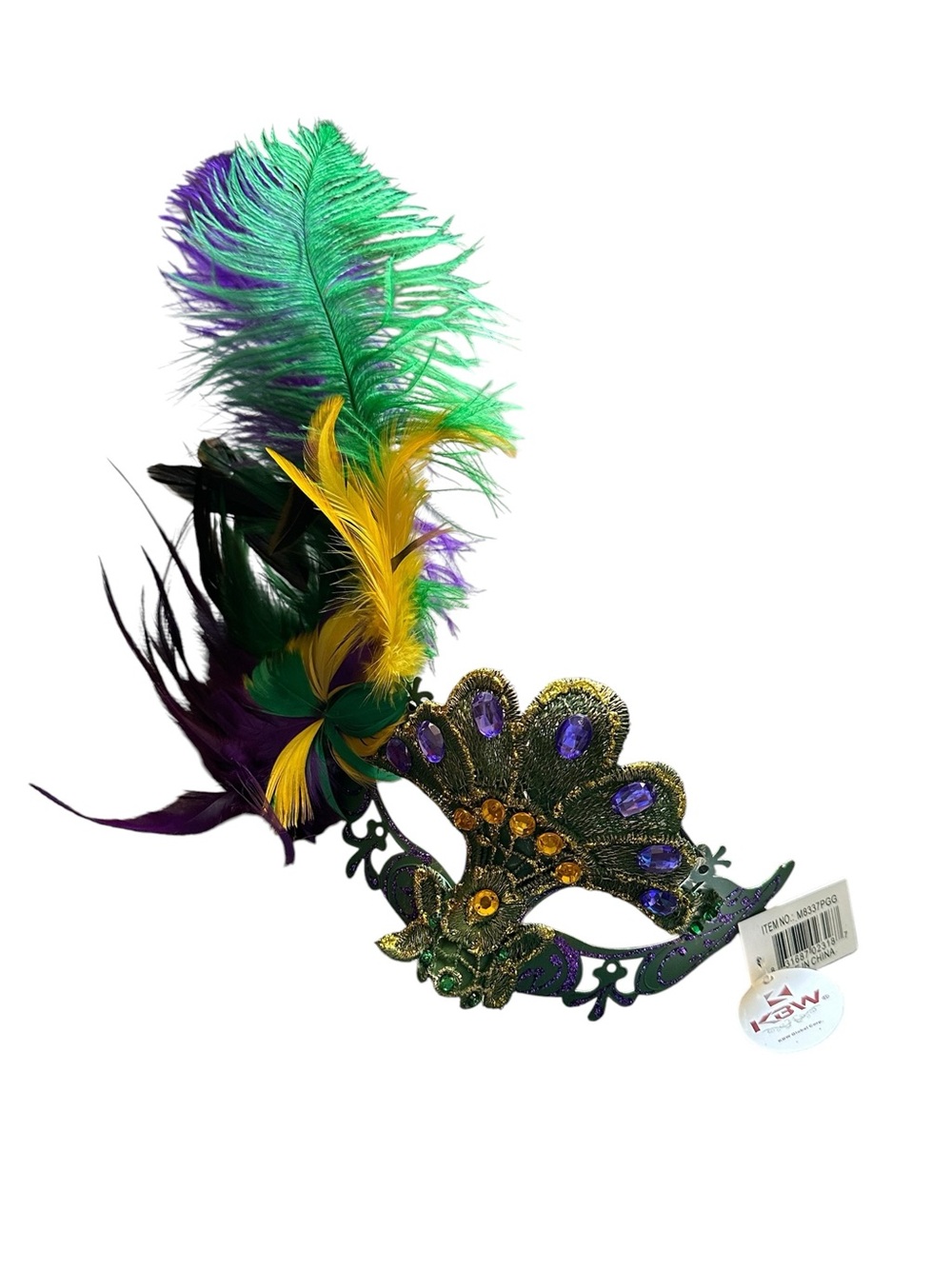 Feathered Masquerade Eye Mask in Green, Purple & Gold Mardi Gras